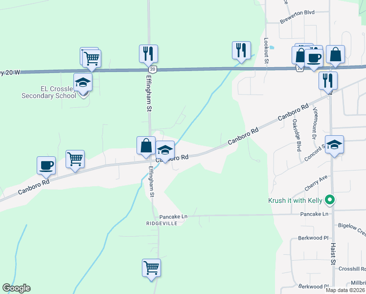 map of restaurants, bars, coffee shops, grocery stores, and more near 269 Canboro Road in Pelham