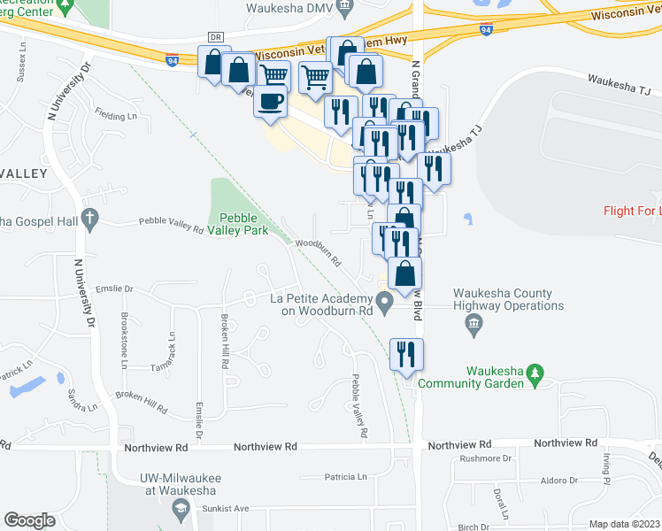 map of restaurants, bars, coffee shops, grocery stores, and more near 2013 Woodburn Road in Waukesha