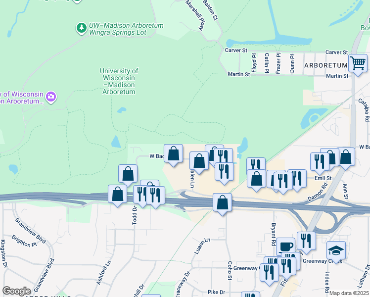 map of restaurants, bars, coffee shops, grocery stores, and more near 2326 West Badger Road in Madison