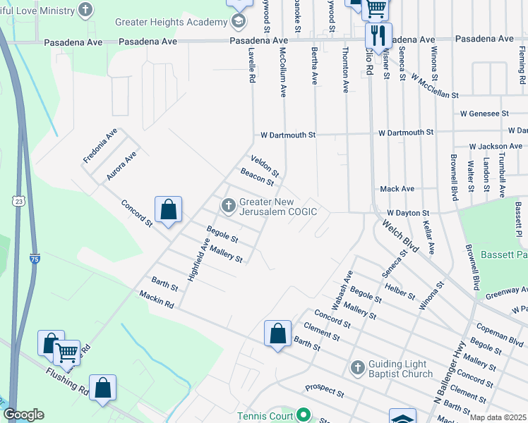 map of restaurants, bars, coffee shops, grocery stores, and more near 3336 Emerson Street in Flint