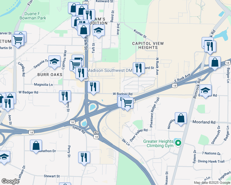 map of restaurants, bars, coffee shops, grocery stores, and more near 601 West Badger Road in Madison