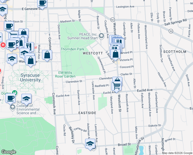 map of restaurants, bars, coffee shops, grocery stores, and more near 536 Clarendon Street in Syracuse