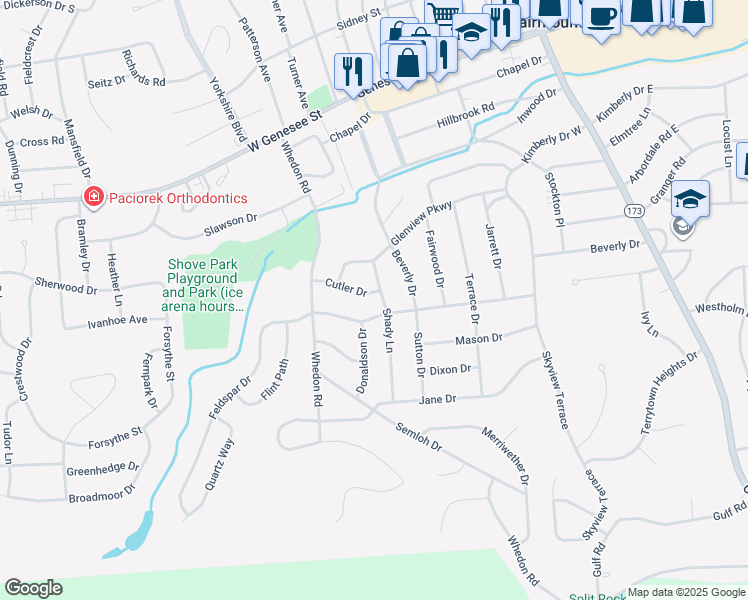 map of restaurants, bars, coffee shops, grocery stores, and more near 102 Simmons Terrace in Syracuse