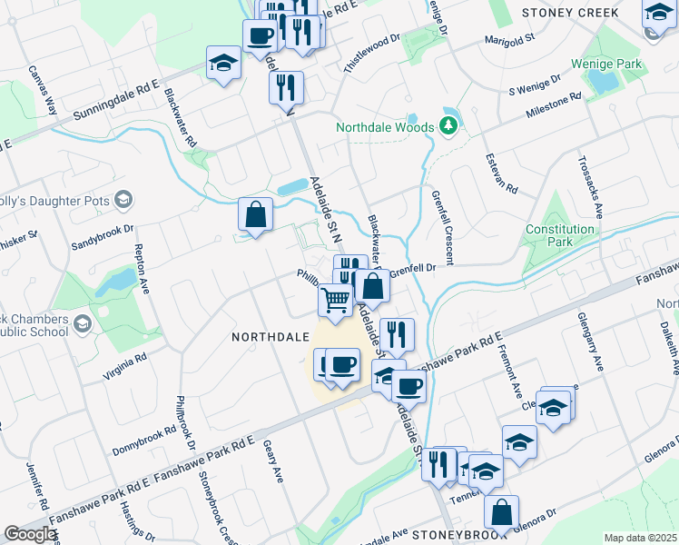map of restaurants, bars, coffee shops, grocery stores, and more near 2081 Phillbrook Drive in London