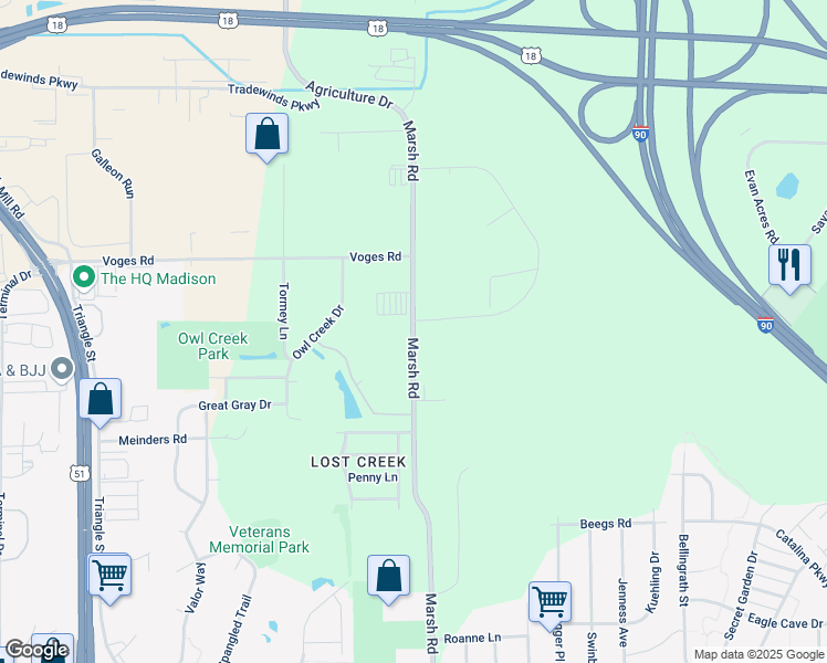 map of restaurants, bars, coffee shops, grocery stores, and more near 4558 Marsh Road in Madison