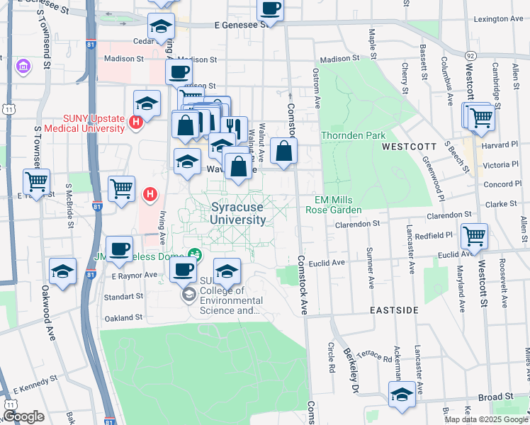map of restaurants, bars, coffee shops, grocery stores, and more near 900 South Crouse Avenue in Syracuse