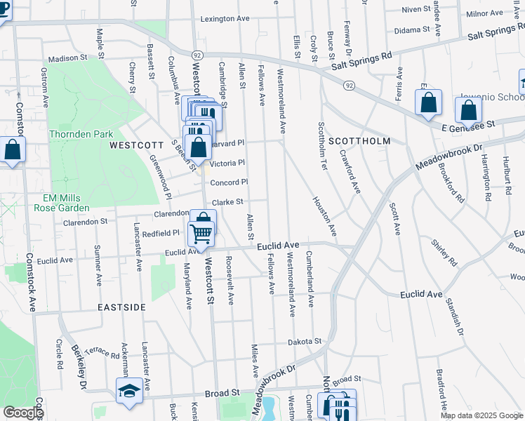 map of restaurants, bars, coffee shops, grocery stores, and more near 733-35 Allen Street in Syracuse