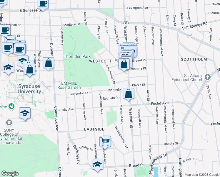 map of restaurants, bars, coffee shops, grocery stores, and more near 536 Clarendon Street in Syracuse