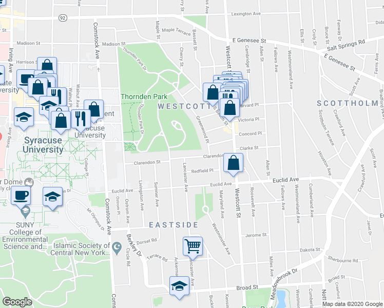 map of restaurants, bars, coffee shops, grocery stores, and more near 536 Clarendon Street in Syracuse