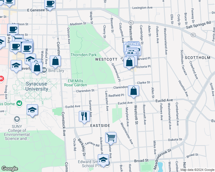 map of restaurants, bars, coffee shops, grocery stores, and more near 710 Lancaster Avenue in Syracuse
