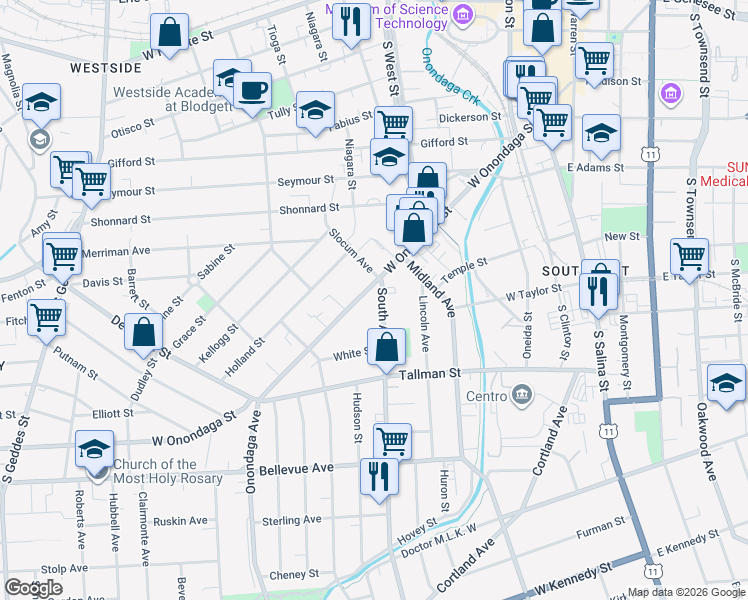 map of restaurants, bars, coffee shops, grocery stores, and more near 144 South Avenue in Syracuse
