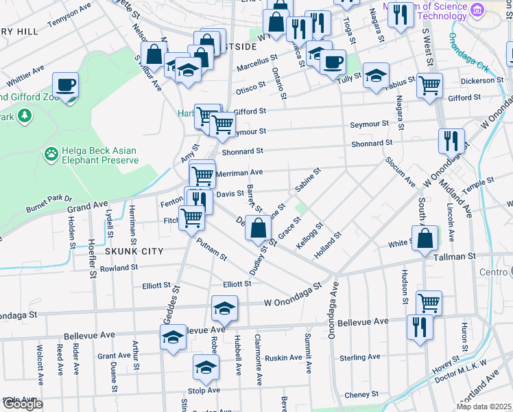 map of restaurants, bars, coffee shops, grocery stores, and more near 522 Delaware Street in Syracuse