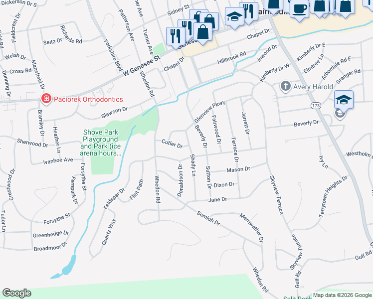 map of restaurants, bars, coffee shops, grocery stores, and more near 102 Simmons Terrace in Syracuse