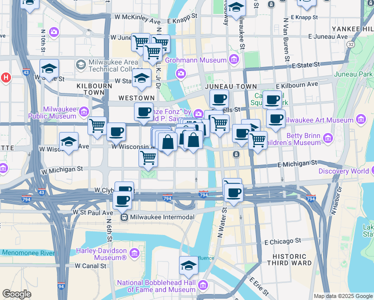 map of restaurants, bars, coffee shops, grocery stores, and more near 161 West Wisconsin Avenue in Milwaukee