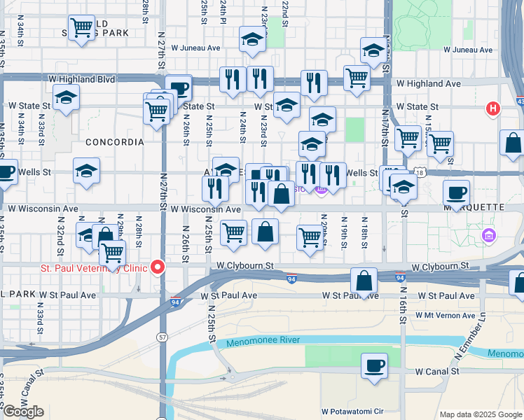 map of restaurants, bars, coffee shops, grocery stores, and more near 617 North 23rd Street in Milwaukee