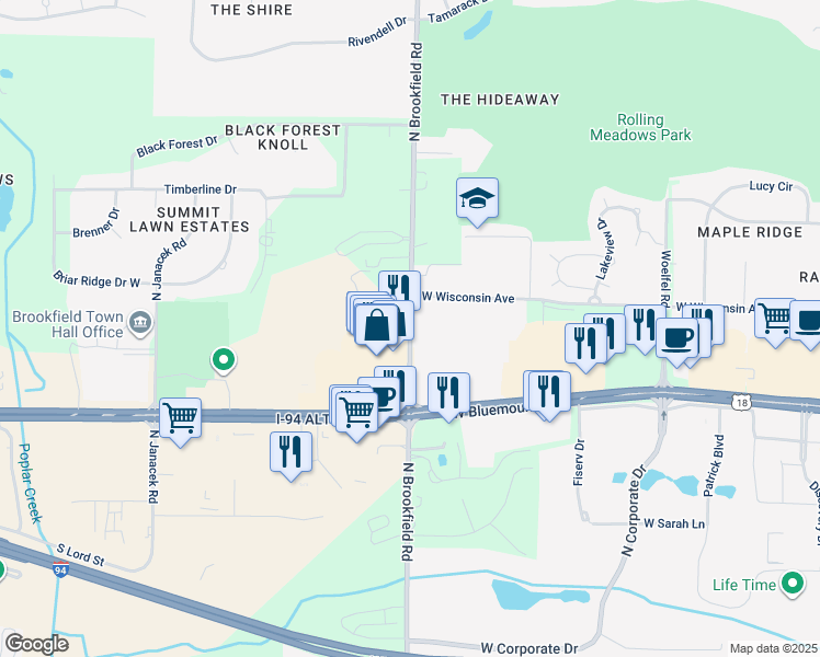 map of restaurants, bars, coffee shops, grocery stores, and more near 18740 West Bluemound Road in Brookfield