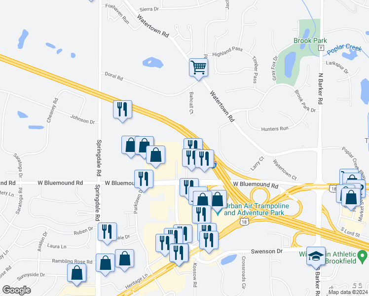 map of restaurants, bars, coffee shops, grocery stores, and more near 2320 West Bluemound Road in Waukesha