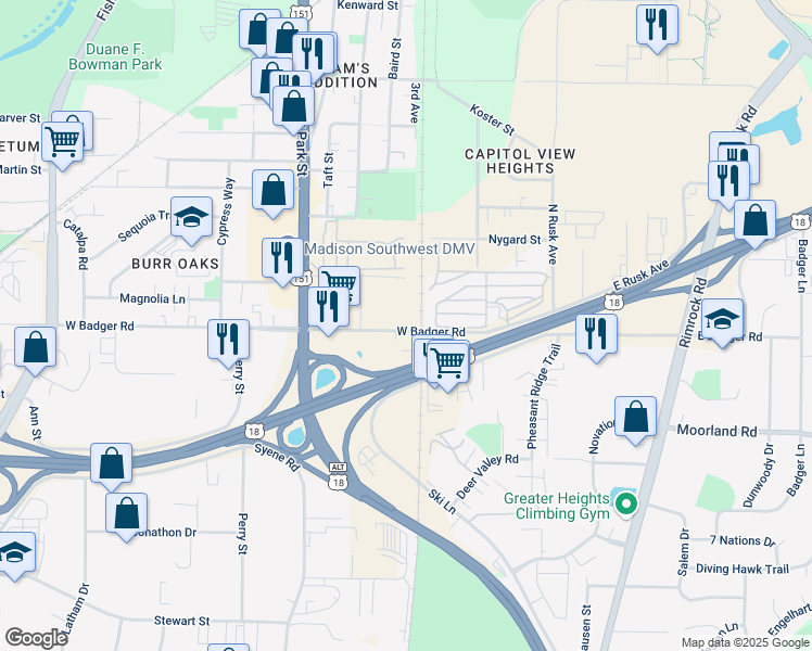 map of restaurants, bars, coffee shops, grocery stores, and more near 601 West Badger Road in Madison