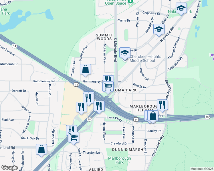 map of restaurants, bars, coffee shops, grocery stores, and more near 1328 South Midvale Boulevard in Madison