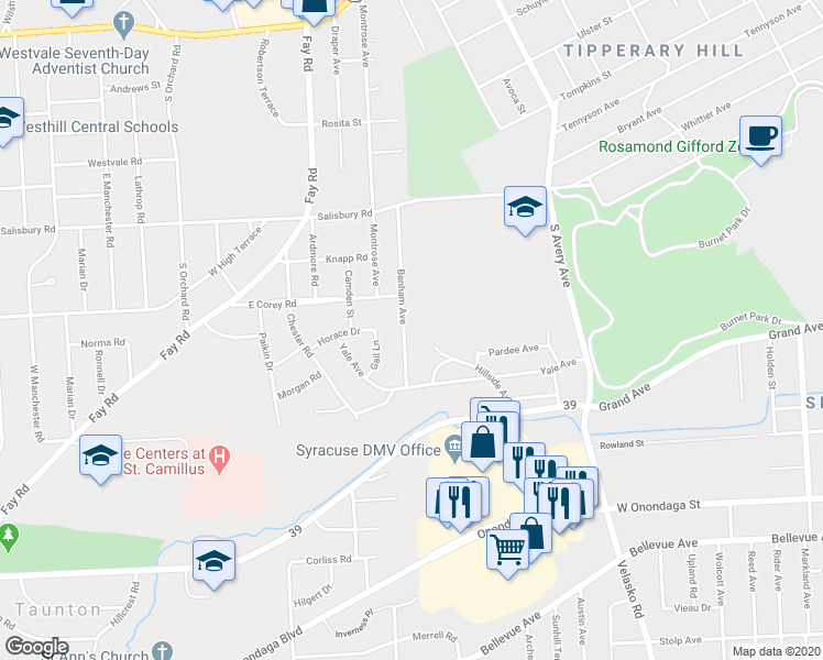 map of restaurants, bars, coffee shops, grocery stores, and more near 211 Benham Avenue in Syracuse