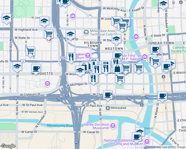 map of restaurants, bars, coffee shops, grocery stores, and more near in Milwaukee