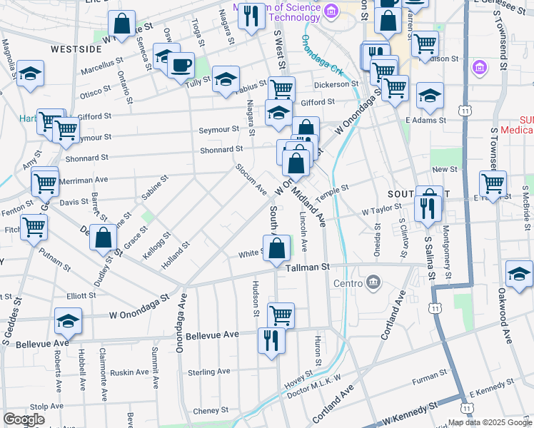 map of restaurants, bars, coffee shops, grocery stores, and more near 615 West Onondaga Street in Syracuse