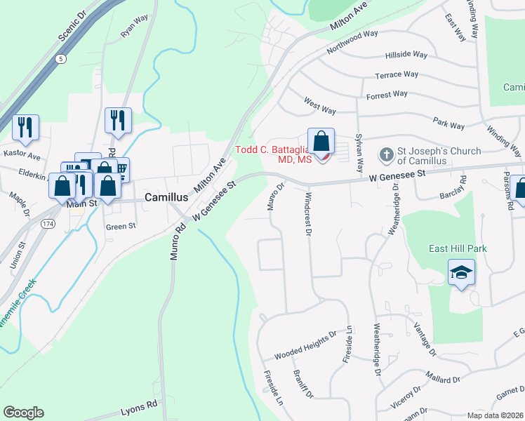 map of restaurants, bars, coffee shops, grocery stores, and more near 103 Orchard Way in Camillus