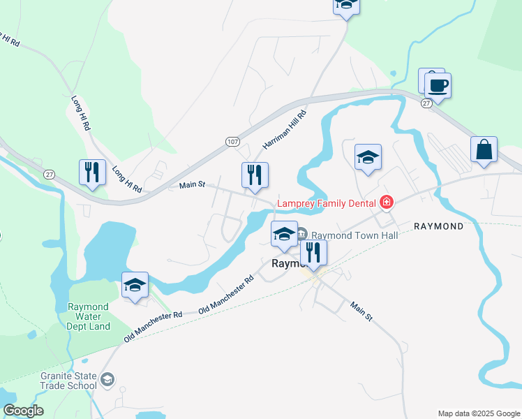 map of restaurants, bars, coffee shops, grocery stores, and more near 35 Main Street in Raymond