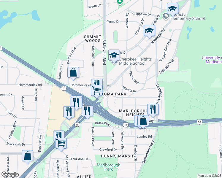 map of restaurants, bars, coffee shops, grocery stores, and more near 4325 Mohawk Drive in Madison