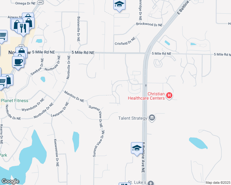 map of restaurants, bars, coffee shops, grocery stores, and more near 4100 Whispering Lane Northeast in Grand Rapids
