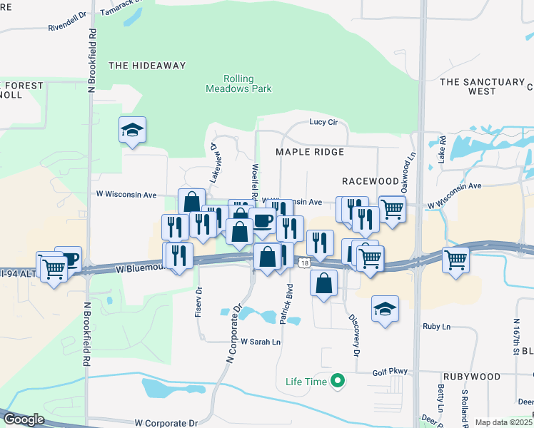 map of restaurants, bars, coffee shops, grocery stores, and more near 660 Woelfel Road in Brookfield