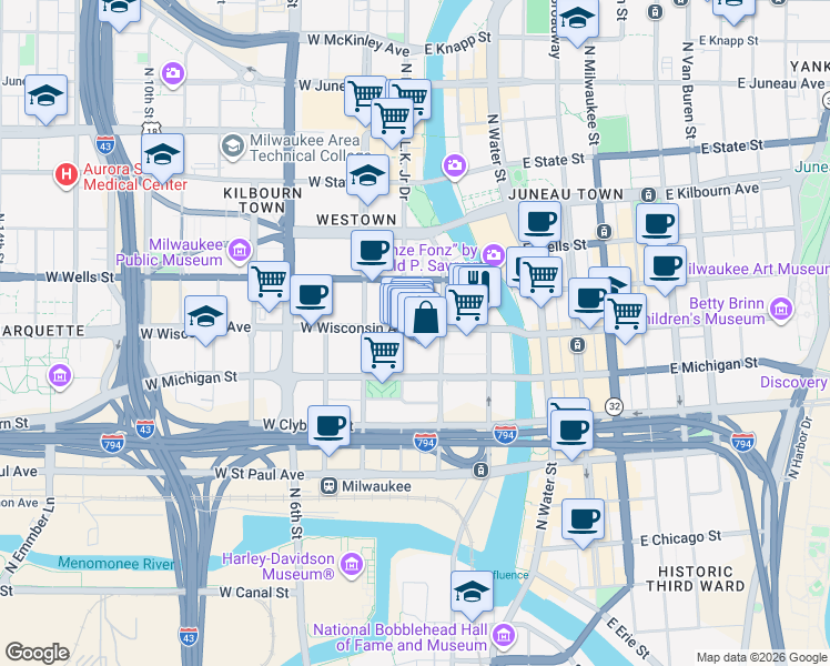 map of restaurants, bars, coffee shops, grocery stores, and more near 231 West Wisconsin Avenue in Milwaukee