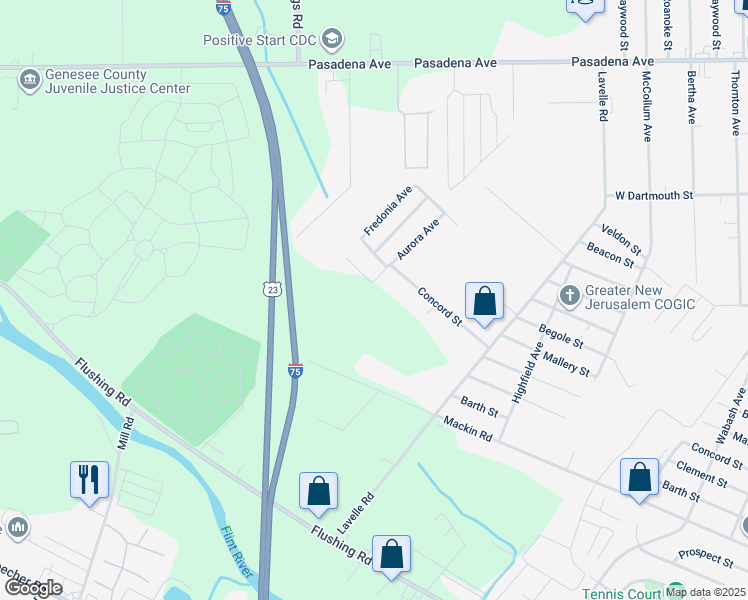 map of restaurants, bars, coffee shops, grocery stores, and more near 3595 Concord Street in Flint