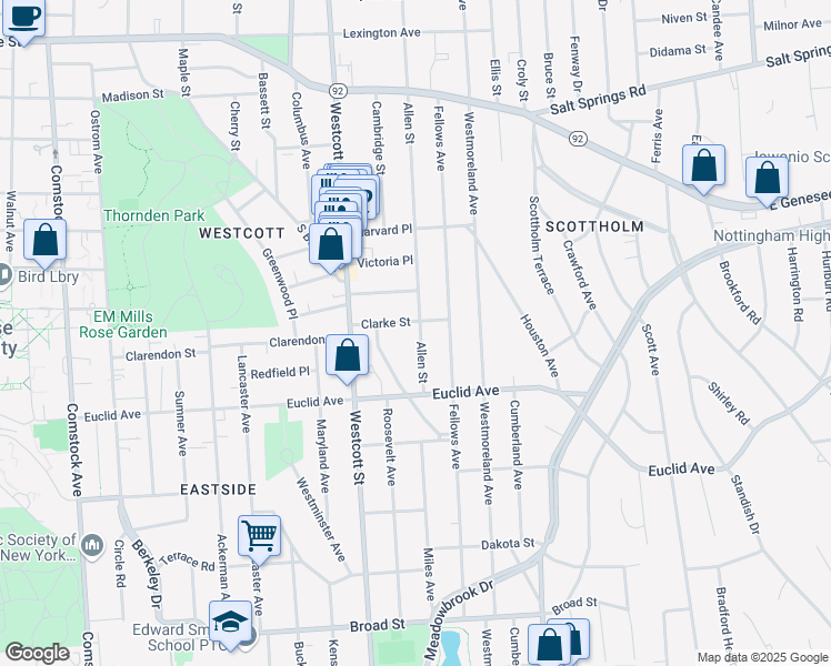 map of restaurants, bars, coffee shops, grocery stores, and more near 733-35 Allen Street in Syracuse