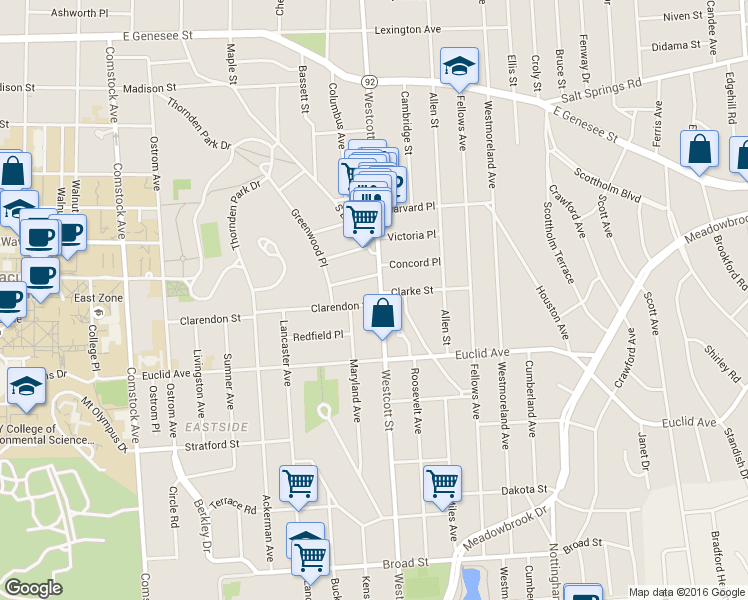 map of restaurants, bars, coffee shops, grocery stores, and more near 718-20 Westcott Street in Syracuse