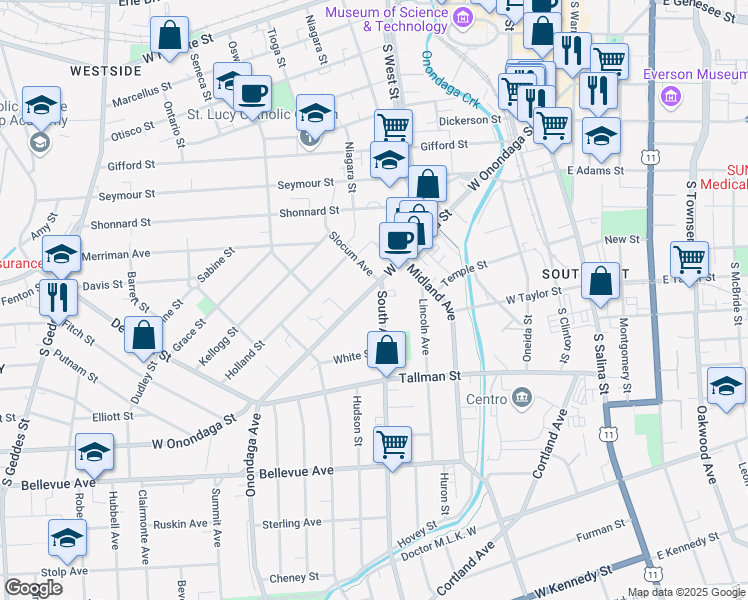 map of restaurants, bars, coffee shops, grocery stores, and more near 144 South Avenue in Syracuse