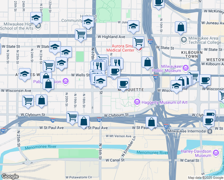 map of restaurants, bars, coffee shops, grocery stores, and more near 1441 West Wisconsin Avenue in Milwaukee