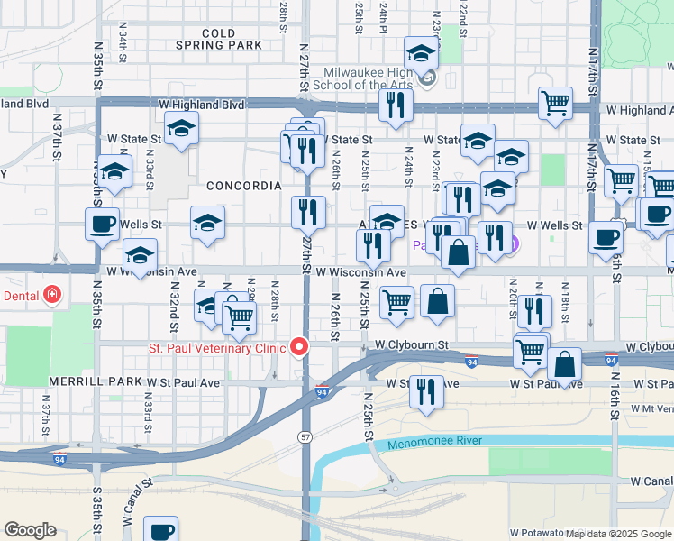 map of restaurants, bars, coffee shops, grocery stores, and more near 612 North 26th Street in Milwaukee