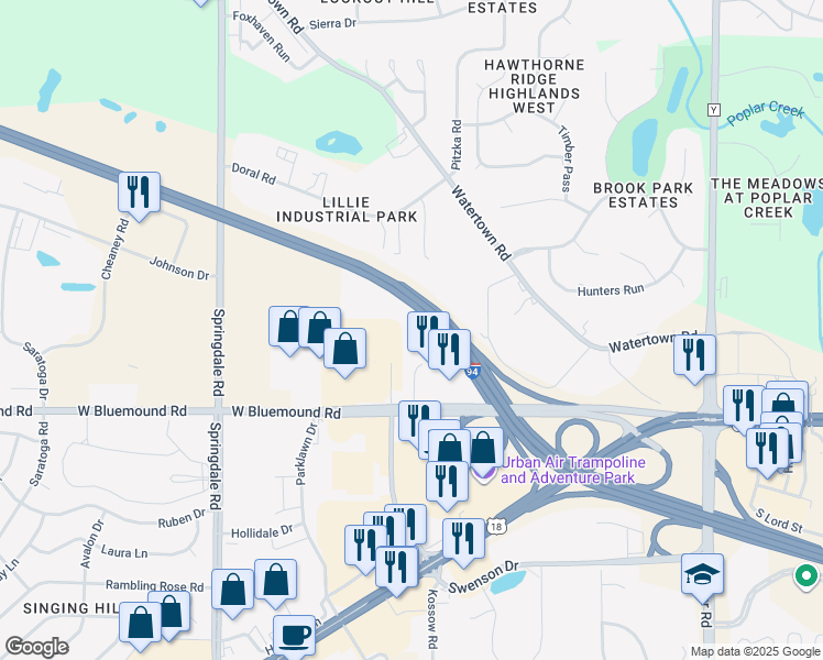 map of restaurants, bars, coffee shops, grocery stores, and more near 2320 West Bluemound Road in Waukesha