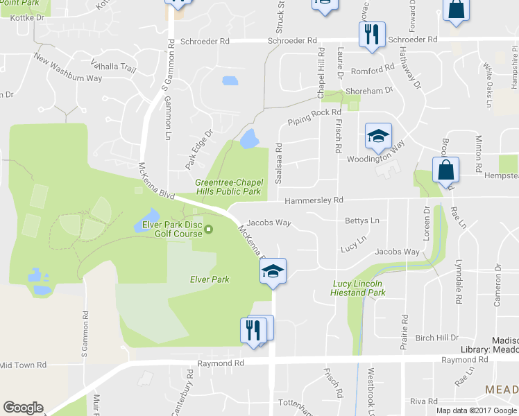map of restaurants, bars, coffee shops, grocery stores, and more near 6733 Jacobs Way in Madison