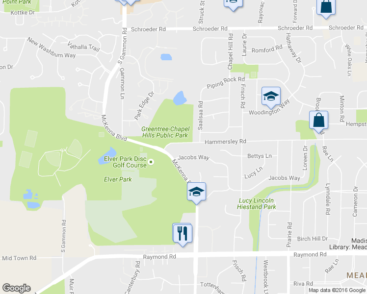 map of restaurants, bars, coffee shops, grocery stores, and more near 6733 Jacobs Way in Madison