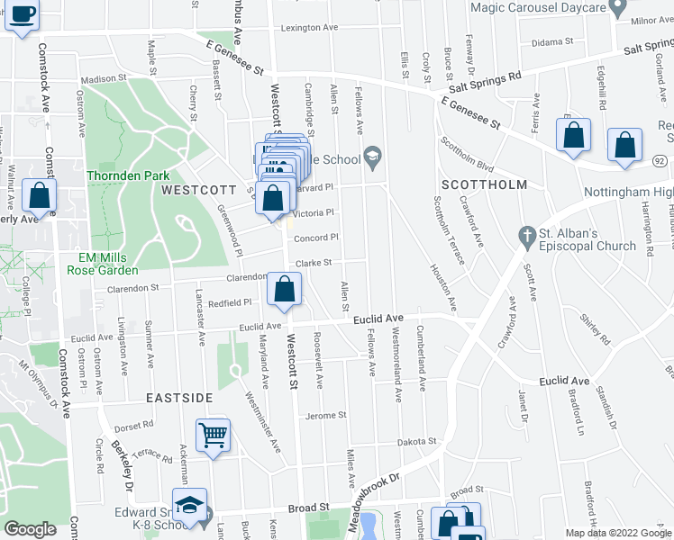 map of restaurants, bars, coffee shops, grocery stores, and more near 733-35 Allen Street in Syracuse