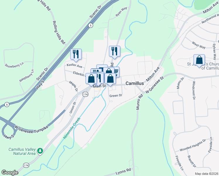 map of restaurants, bars, coffee shops, grocery stores, and more near 8 South Street in Camillus
