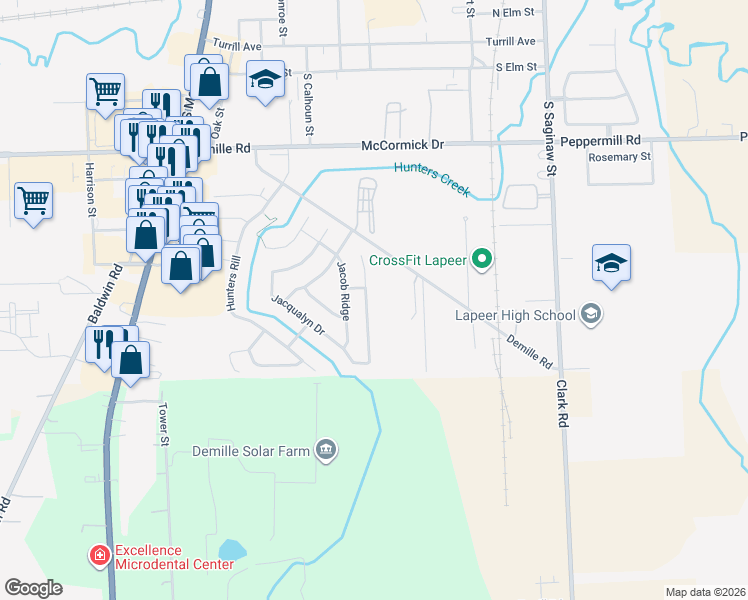 map of restaurants, bars, coffee shops, grocery stores, and more near 384 Chinkapin Trail in Lapeer