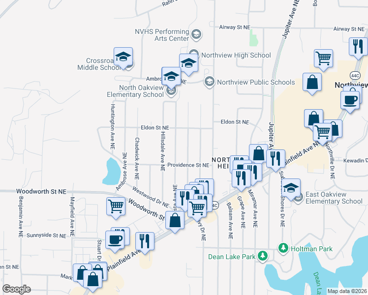 map of restaurants, bars, coffee shops, grocery stores, and more near 4116 Bell Avenue Northeast in Grand Rapids