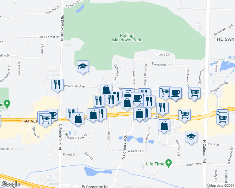 map of restaurants, bars, coffee shops, grocery stores, and more near 18110 West Bluemound Frontage Road in Brookfield