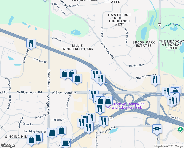 map of restaurants, bars, coffee shops, grocery stores, and more near 2320 West Bluemound Road in Waukesha