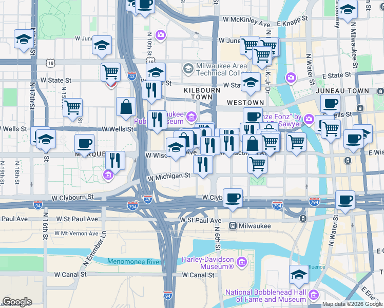 map of restaurants, bars, coffee shops, grocery stores, and more near 711 West Wisconsin Avenue in Milwaukee