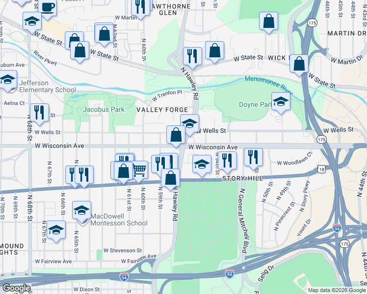 map of restaurants, bars, coffee shops, grocery stores, and more near West Wisconsin Avenue in Milwaukee