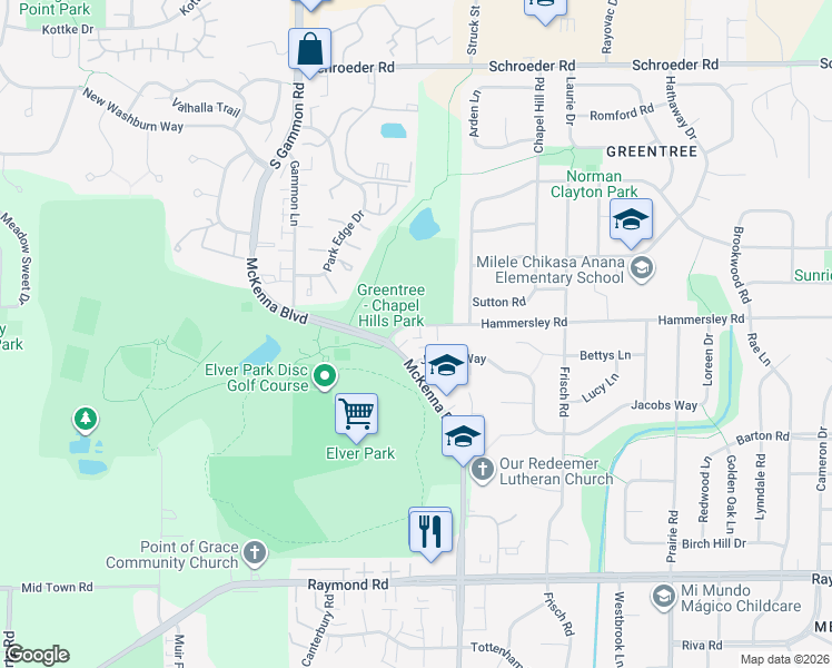 map of restaurants, bars, coffee shops, grocery stores, and more near 6749 Hammersley Road in Madison